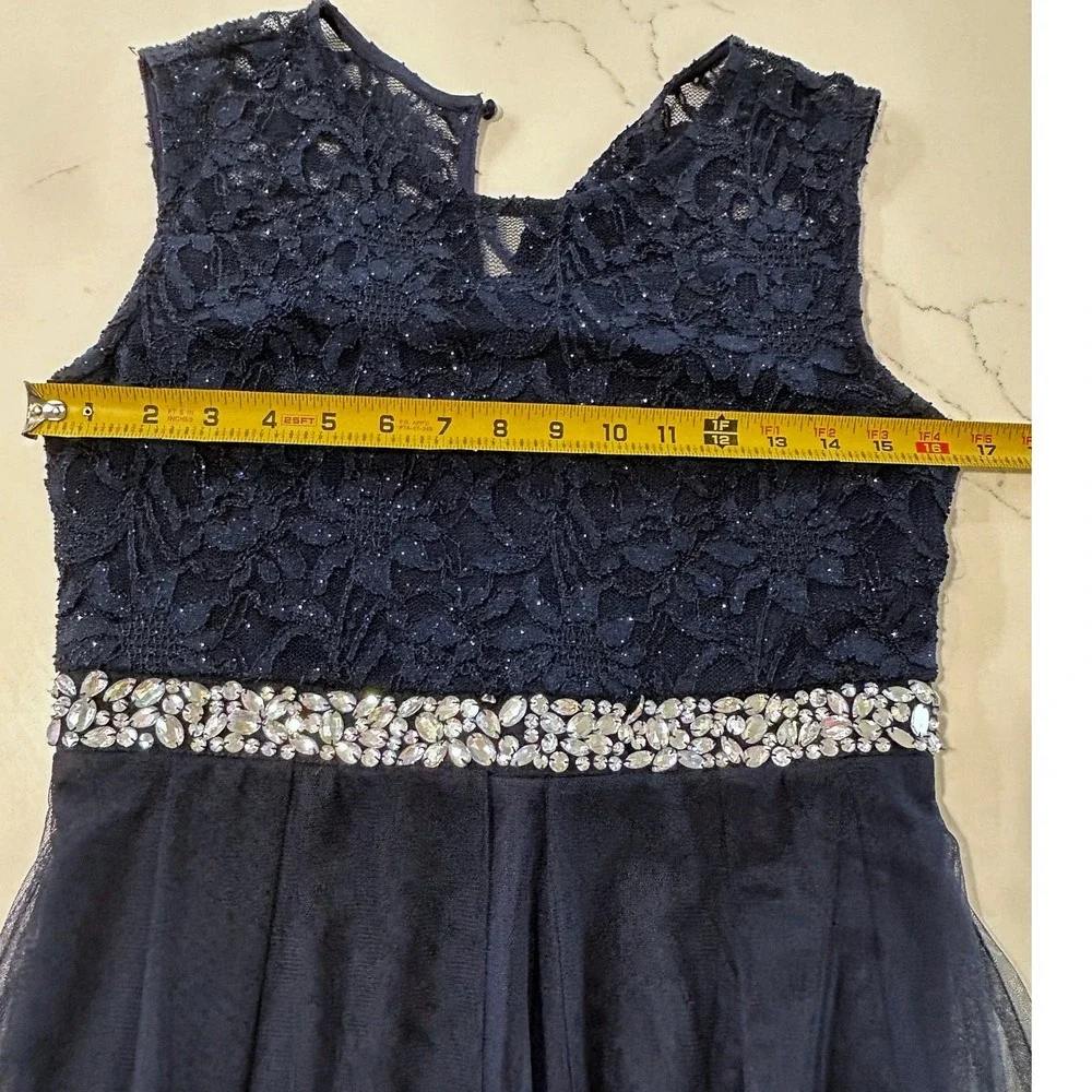 NEW Speechless Girls Navy Blue Lace Tulle Formal‎ Dress Rhinestone Belt 16.5